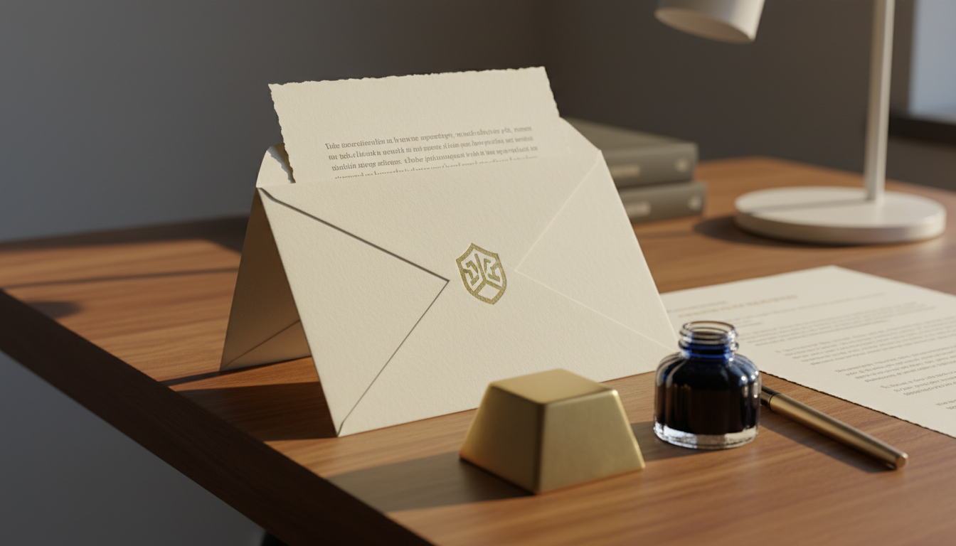A close-up of a luxurious, cream-colored envelope with an embossed brand logo, slightly open to reveal a letter written on textured, heavyweight stationary. The envelope rests at the corner of a polished oak desk, accompanied by a geometric brass paperweight and a delicate glass ink bottle, hinting at refined business correspondence. Warm golden-hour sunlight streams through a window, casting soft, dramatic shadows and gentle highlights on the embossed details. The atmosphere is sophisticated and credible, with a tone of trustworthiness. Captured with a shallow depth of field and rule-of-thirds framing, the image embodies a modern, minimalist business aesthetic, echoing the confidence and strategy in high-quality content writing.