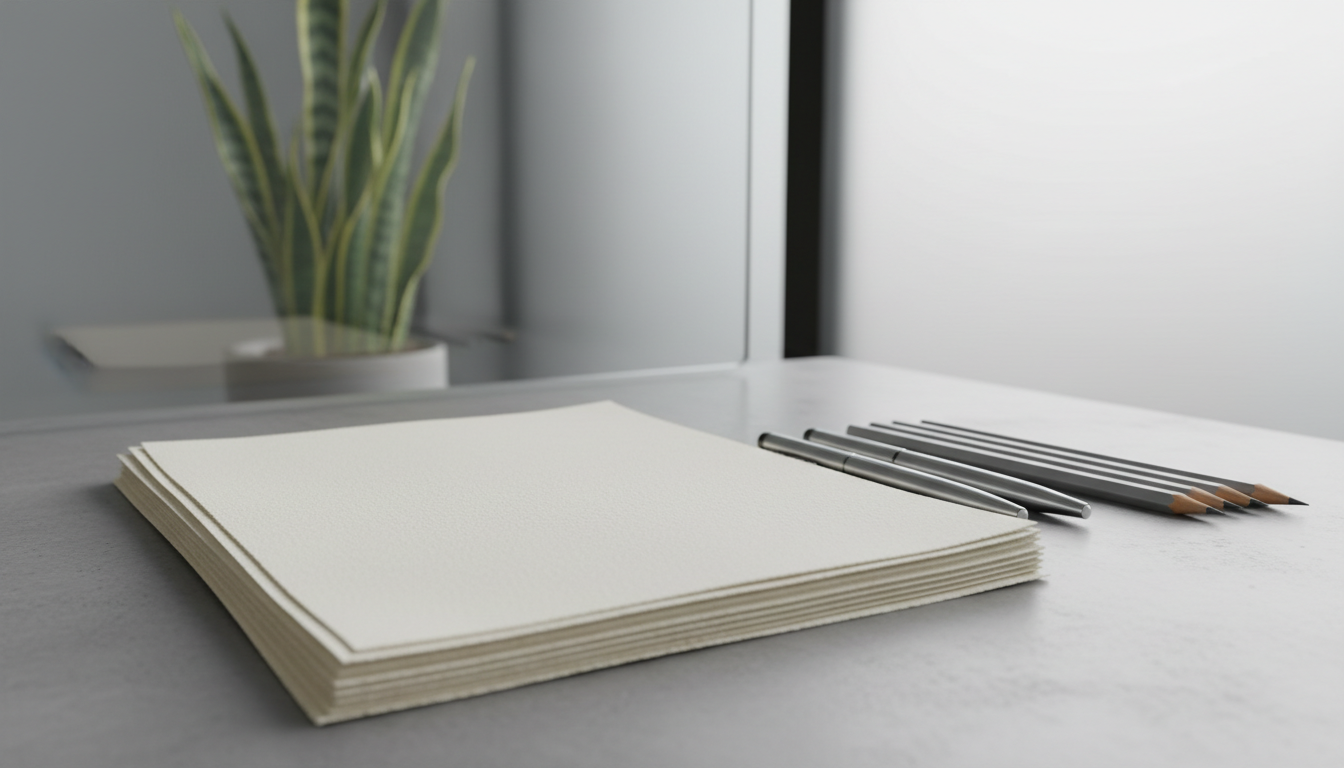 A stack of fresh, textured paper sheets neatly arranged on a brushed concrete tabletop, accompanied by an array of organized writing tools, including metallic pens and smooth graphite pencils. In the background, a frosted glass divider and a potted snake plant add a touch of modern sophistication without causing distraction. Soft overcast natural light creates gentle highlights across the paper’s surface while casting delicate shadows beneath the writing instruments. The scene is professional and quietly creative, ideal for depicting the foundation of quality, thoughtful content. Captured from a low-angle, eye-level composition with moderate depth of field, the image maintains a clean, modern, and business-oriented artistic style, reinforcing the clarity and credibility promised by expert content writing services.