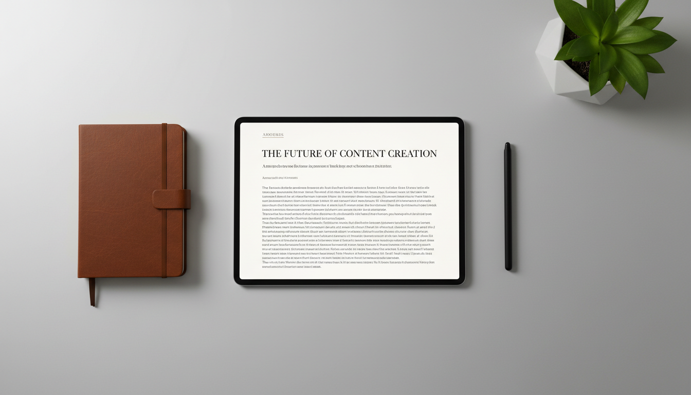 A glowing digital tablet displaying crisp, well-structured article text in a stylish serif font, set on a minimalist matte white desk beside a closed leather-bound journal and a slender matte-black stylus. The sleek arrangement is complemented by a single leafy green plant in a geometric planter to one side. Ambient soft LED lighting produces uniform illumination without harsh shadows, emphasizing the clarity of the screen and the tactile contrasts of the materials. The mood is quietly energetic with a sense of innovation and digital professionalism. Framed from a top-down, slightly off-center position, the shot uses a clean, modern composition suitable for showcasing digital-first content writing expertise.